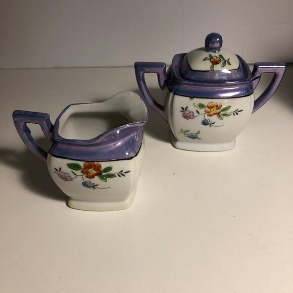 Blue Lusterware? - Creamer & Sugar Set - Floral - Made in Japan #82 - Picture 4 of 11